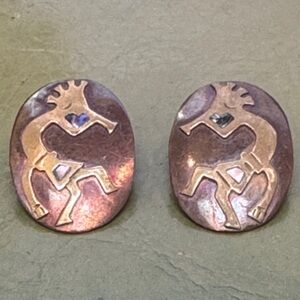 Copper, brass & Abalone inlaid Kokopeli pierced Earrings. Vintage. Southwestern